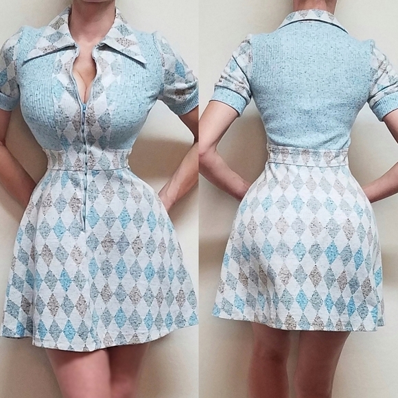 Vintage Dresses & Skirts - Vintage 1960s Mod Blue Grey Argyle Melange Puff Sleeve Fit & Flare Mini Dress S